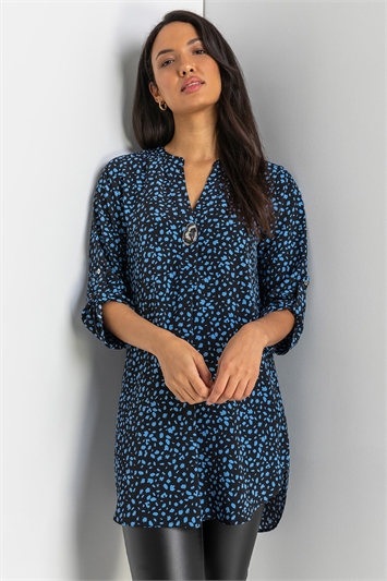 Blue Longline Button Detail Abstract Spot Top, Image 1 of 5