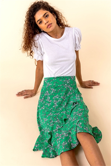 Green Ditsy Floral Ruffle Detail Skirt, Image 4 of 4