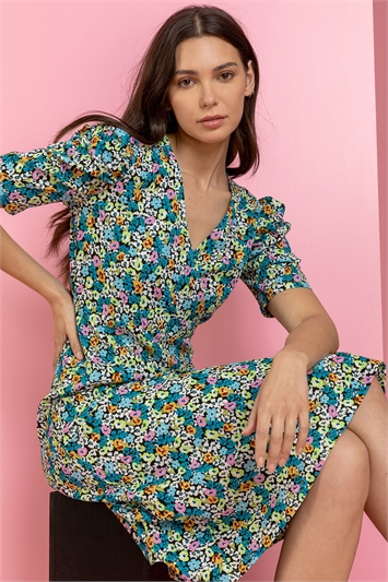 Floral Print Puff Sleeve Wrap Dressand this?