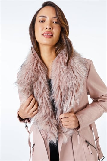 Pink Longline Faux Leather Belted Coat