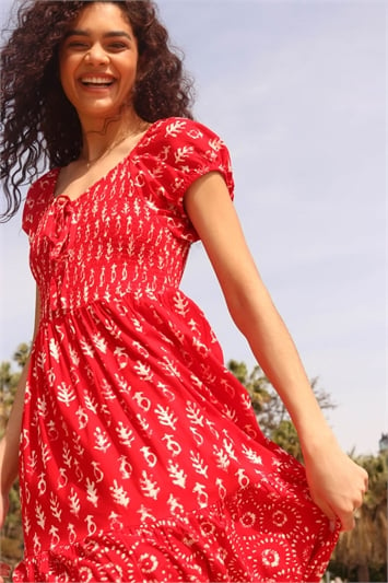 Red Boho Print Tiered Maxi Dress