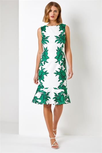 Green Floral Border Print Frill Stretch Dress