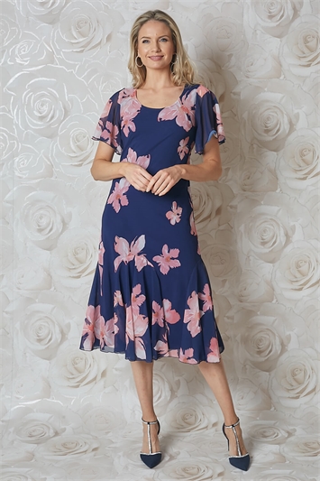 Multi Floral Print Bias Cut Midi Dress