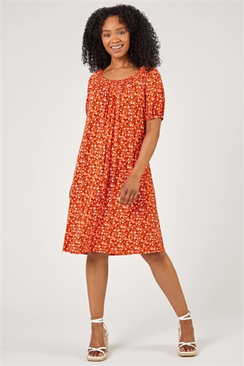 Red Petite Ditsy Floral Print Jersey Tunic Dress, Image 4 of 5