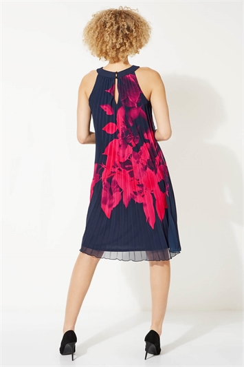Navy Floral Pleated Swing Dress, Image 2 of 5