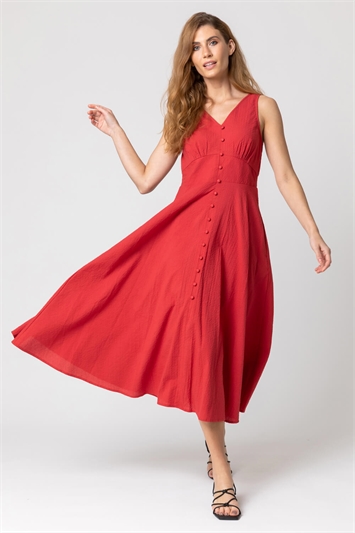 Red Button Detail Cotton Midi Dress