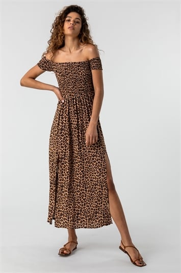 Brown Shirred Animal Print Bardot Dress, Image 4 of 5