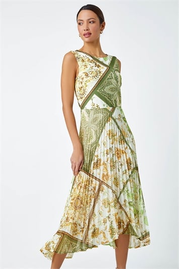 Green Paisley Scarf Print Pleated Midi Dress