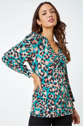 Green Animal Print Ruched Front Top