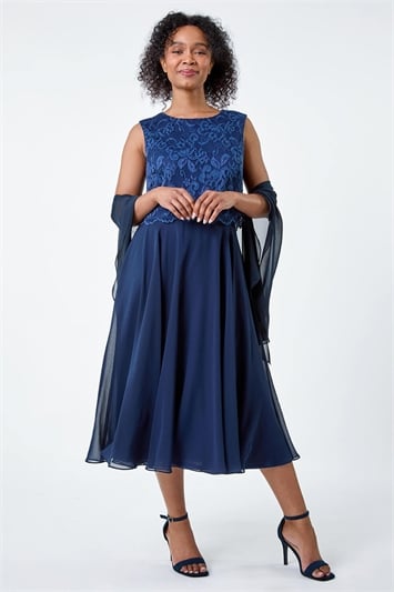 Blue Petite Lace Overlay Midi Dress