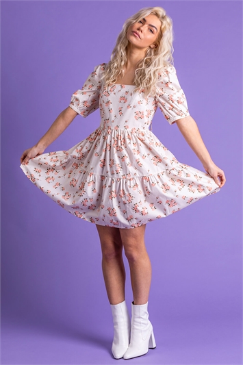 Coral Tiered Rose Print Dress, Image 3 of 4
