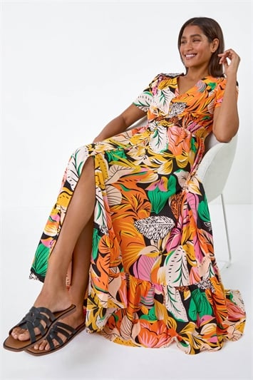 Orange Tropical Print Frilled Hem Maxi Dress