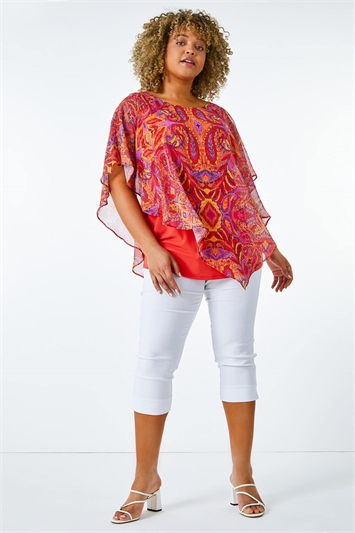 Red Curve Paisley Print Chiffon Overlay Top, Image 2 of 5