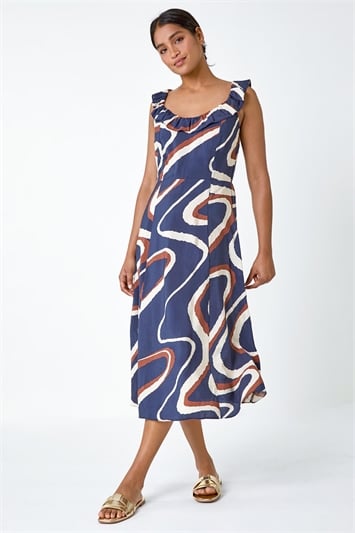 Blue Frill Neck Swirl Print Midi Dress