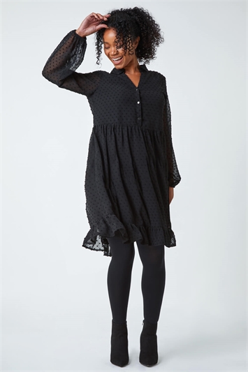 Black Petite Textured Spot Chiffon Tiered Dress