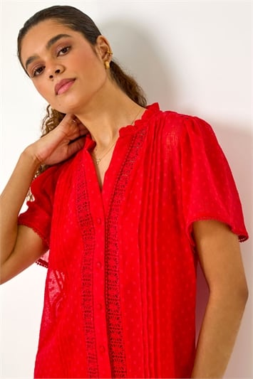 Red Textured Spot Lace Trim Blouse