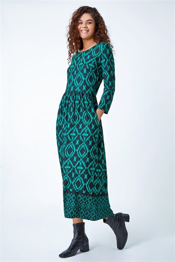 Green Aztec Border Print Midi Stretch Dress
