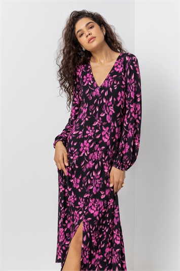 Purple Abstract Floral Fit & Flare Midi Dress