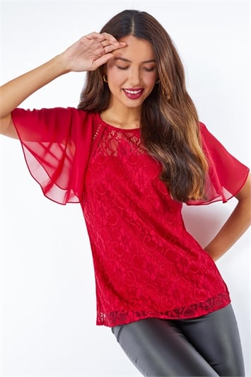 Red Lace Chiffon Sleeve Shell Top