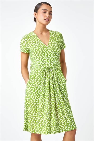 Green Petite Spot Print Wrap Stretch Dress