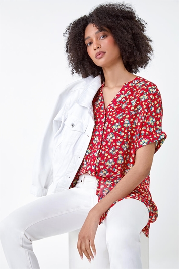 Red Ditsy Floral Button Through Top