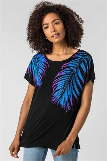 Black Tropical Print T-Shirt Top