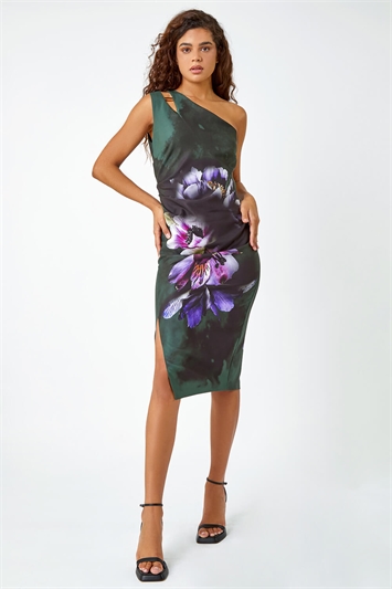 Green Floral Print One Shoulder Stretch Dress
