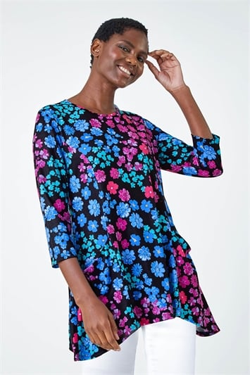 Blue Floral Pocket Stretch Tunic Top
