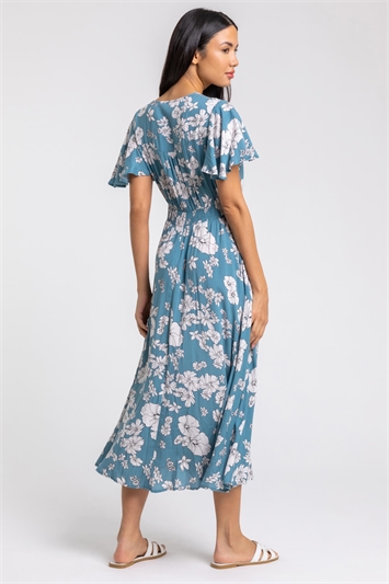 Blue Floral Print Tiered Midi Dress, Image 2 of 4