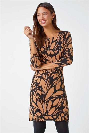 Cream Butterfly Print Knitted Stretch Dress