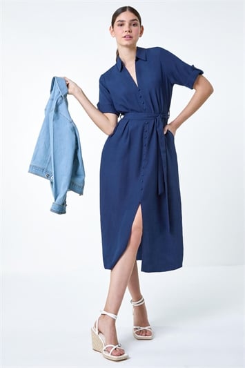 Blue Textured Belted Midi Shirt Dress