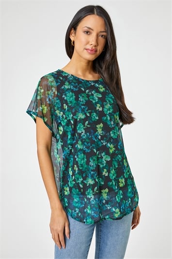 Green Floral Print Mesh Overlay Top, Image 1 of 4