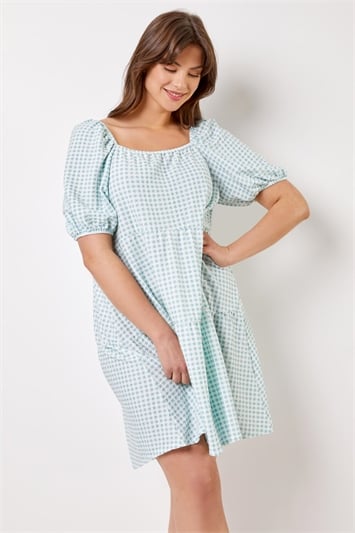 Blue Curve Gingham Print Tiered Dress