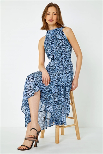 Blue Animal Print Halter Neck Midi Dress
