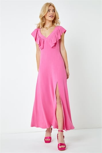 Pink Ruffle Detail Midi Dress