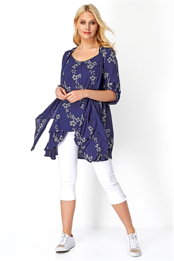 Navy Floral Print Crinkle Tunic, Image 2 of 8