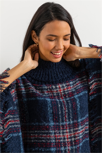 Midnight Blue Check Knit Roll Neck Poncho, Image 2 of 4