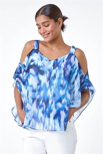 Blue Abstract Print Cold Shoulder Overlay Top