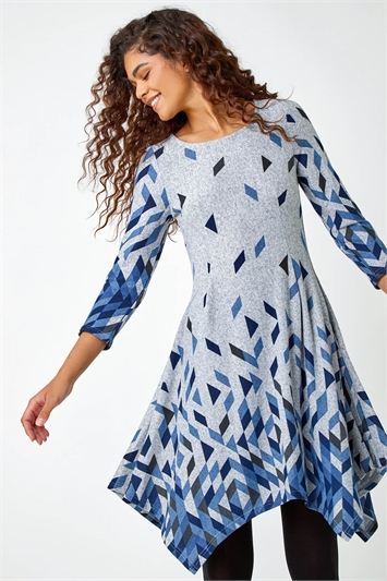 Blue Geometric Print Panelled Stretch Dress