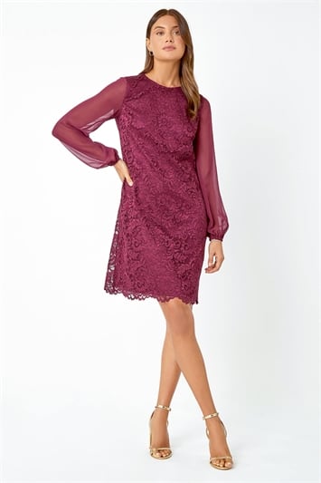Red Floral Lace Chiffon Sleeve Shift Dress