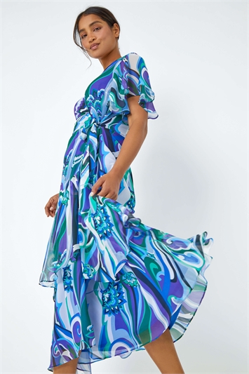 Blue Floral Swirl Print Chiffon Tiered Wrap Dress
