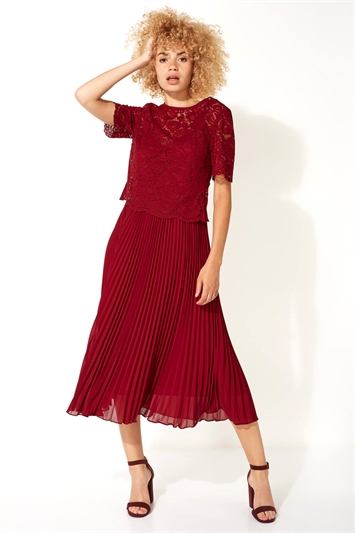 Wine Lace Top Overlay Pleated Midi Dress, Image 2 of 6