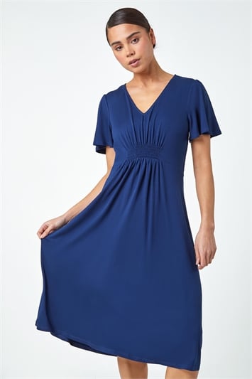 Blue Petite Pleated Midi Stretch Dress