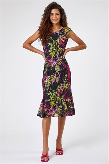 Black Tropical Print Fluted Lace Dress
