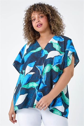 Blue Curve Abstract Print V-Neck Pleat Front Top