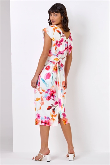 Ivory Floral Print Cross Front Midi Dress, Image 2 of 4