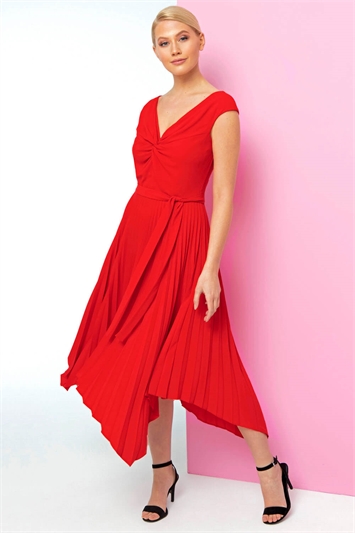 Red Pleated Hanky Hem Midi Dress