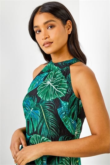 Green Textured Leaf Print Tiered Maxi Dress, Image 5 of 5