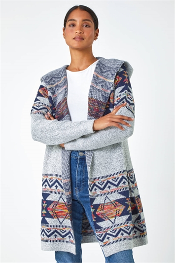 Grey Knitted Longline Hooded Cardigan