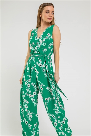 Green Petite Floral Belted Wrap Jumpsuit, Image 1 of 5